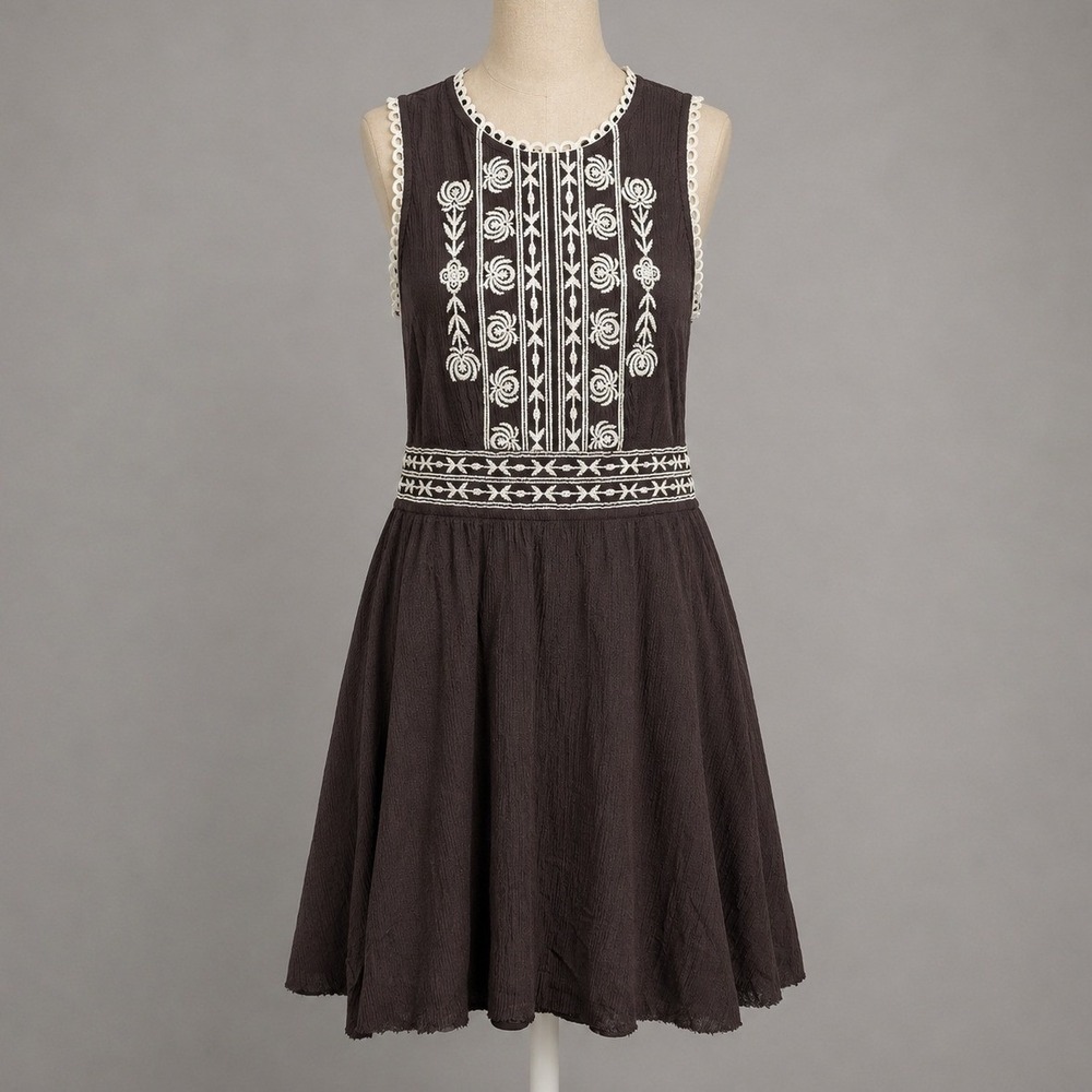 Floral Embroidered Sleeveless Mini Dress Size S Chocolate Brown Boho Indie Fairy